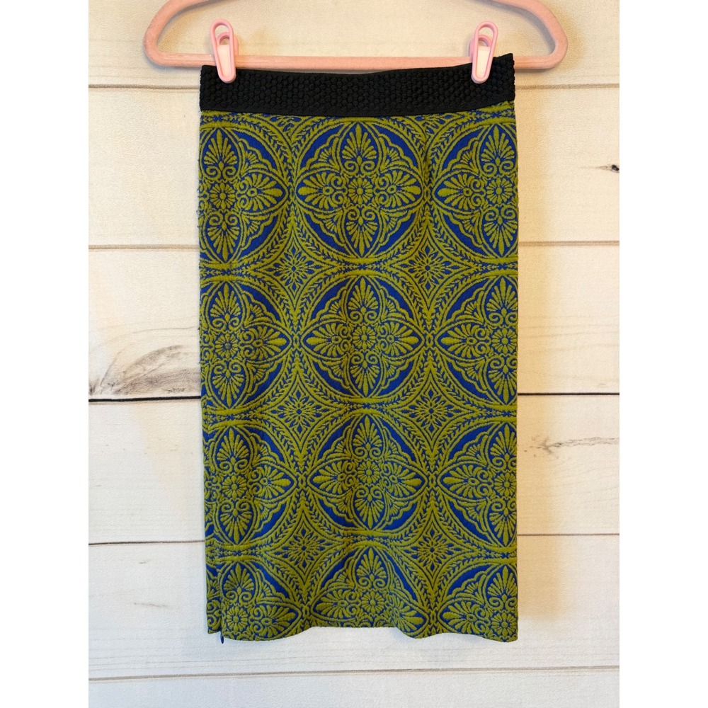 Maeve Anthropologie Skirt XS Blue Lime Green Medallion Jacquard Pencil OB337481